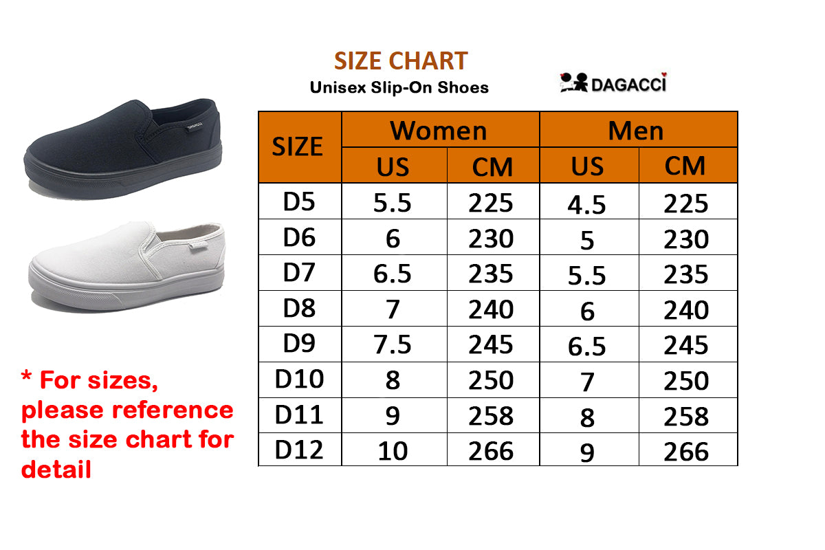 Size chart hotsell slip on